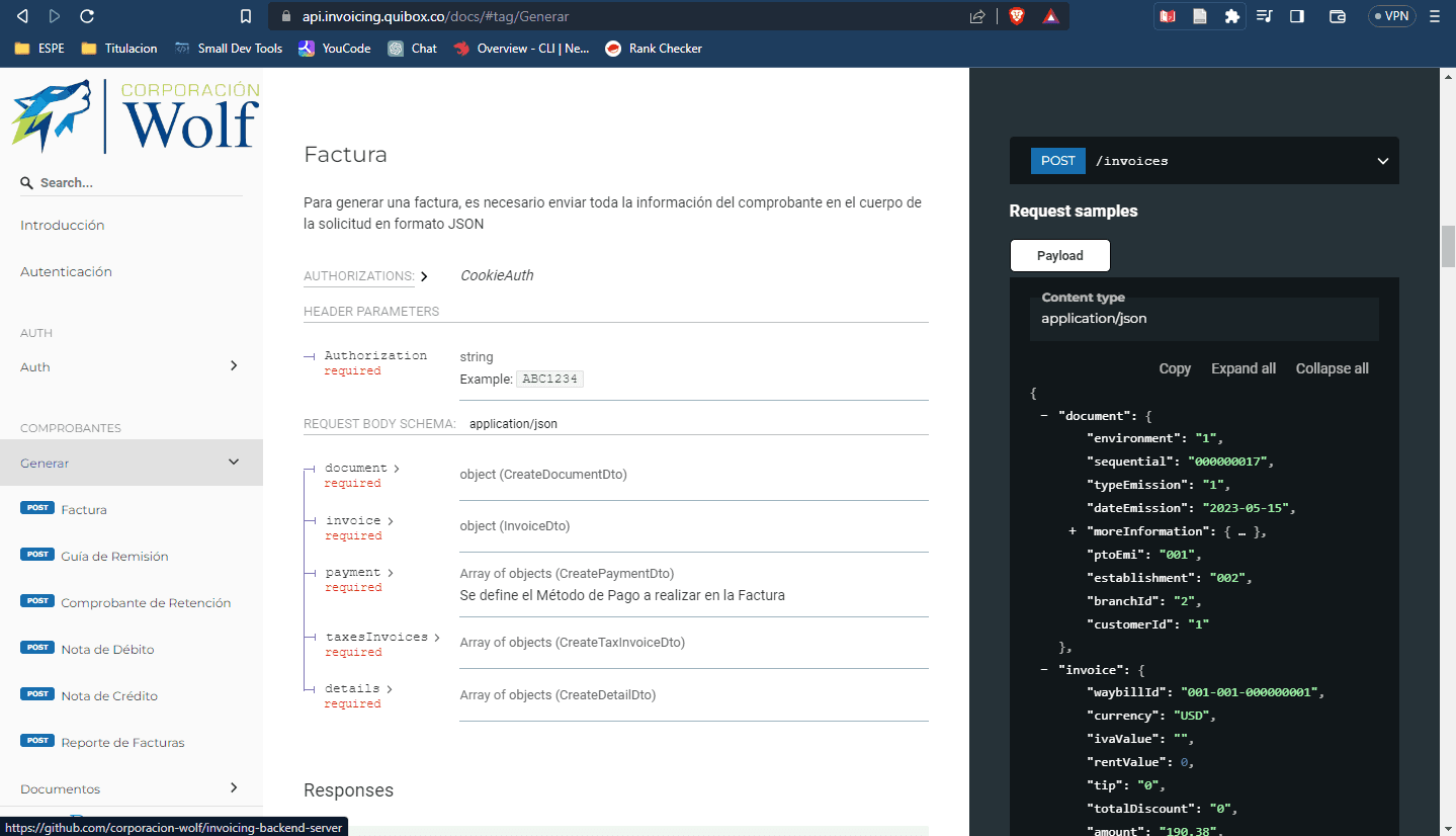 Documentación OpenAPI de la API de facturación electrónica publicada con Redocly, mostrando el endpoint POST /invoices y el esquema JSON del comprobante