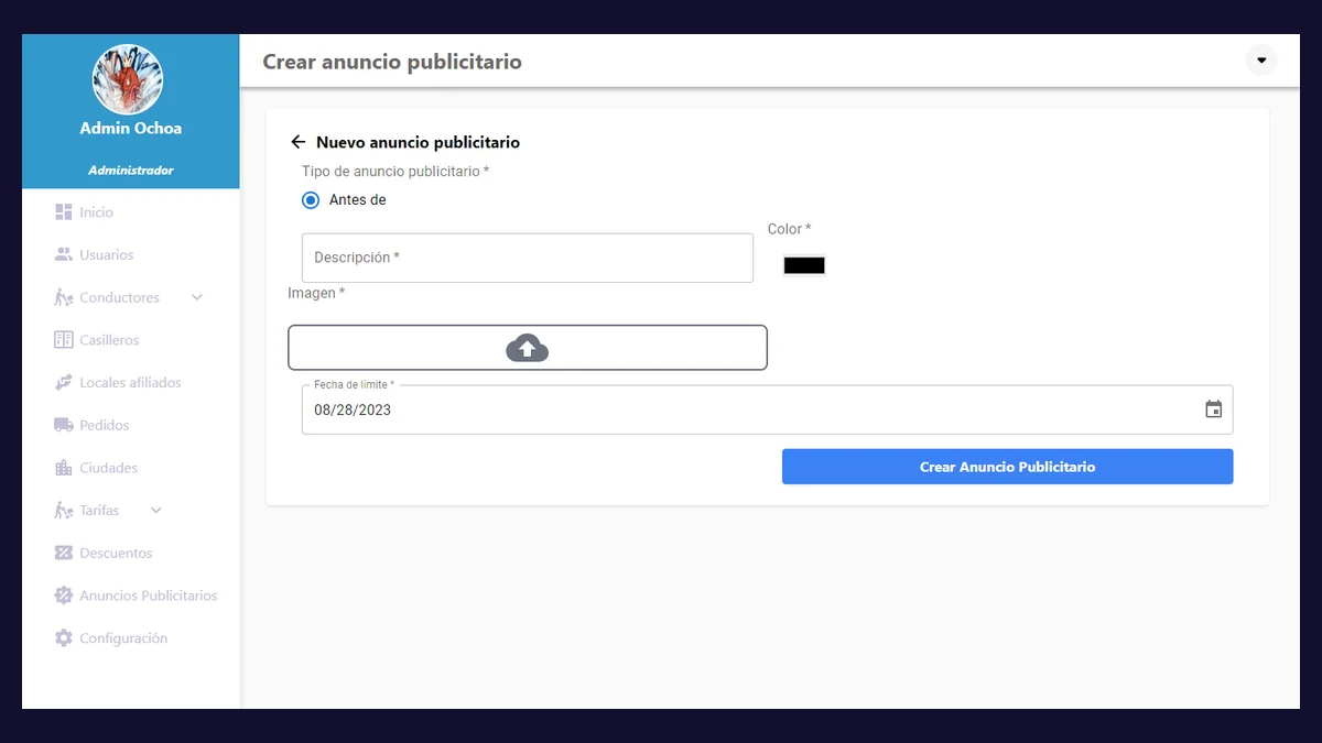 Formulario de creación de anuncio publicitario con tipo, descripción, color, carga de imagen y fecha límite
