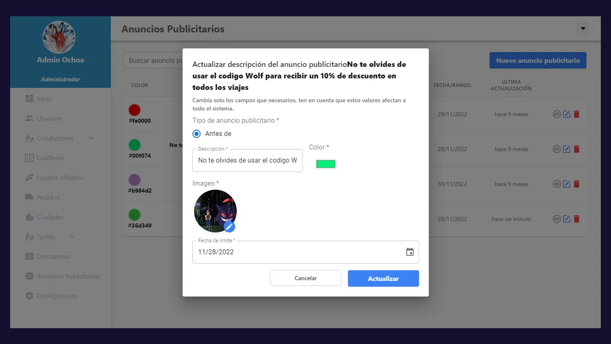 Modal de edición de un anuncio publicitario con descripción, color, imagen y fecha límite, sobre el listado de anuncios