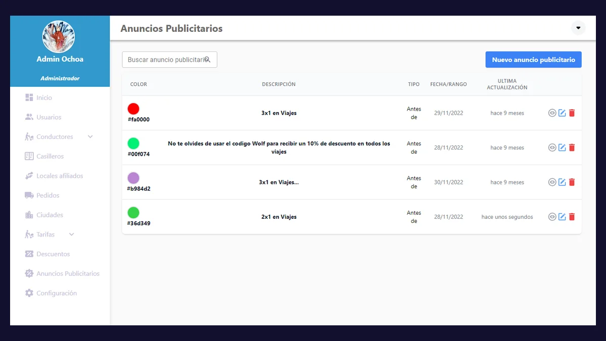 Panel de administración con el listado de anuncios publicitarios: color, descripción, tipo, fecha y acciones de ver, editar y eliminar