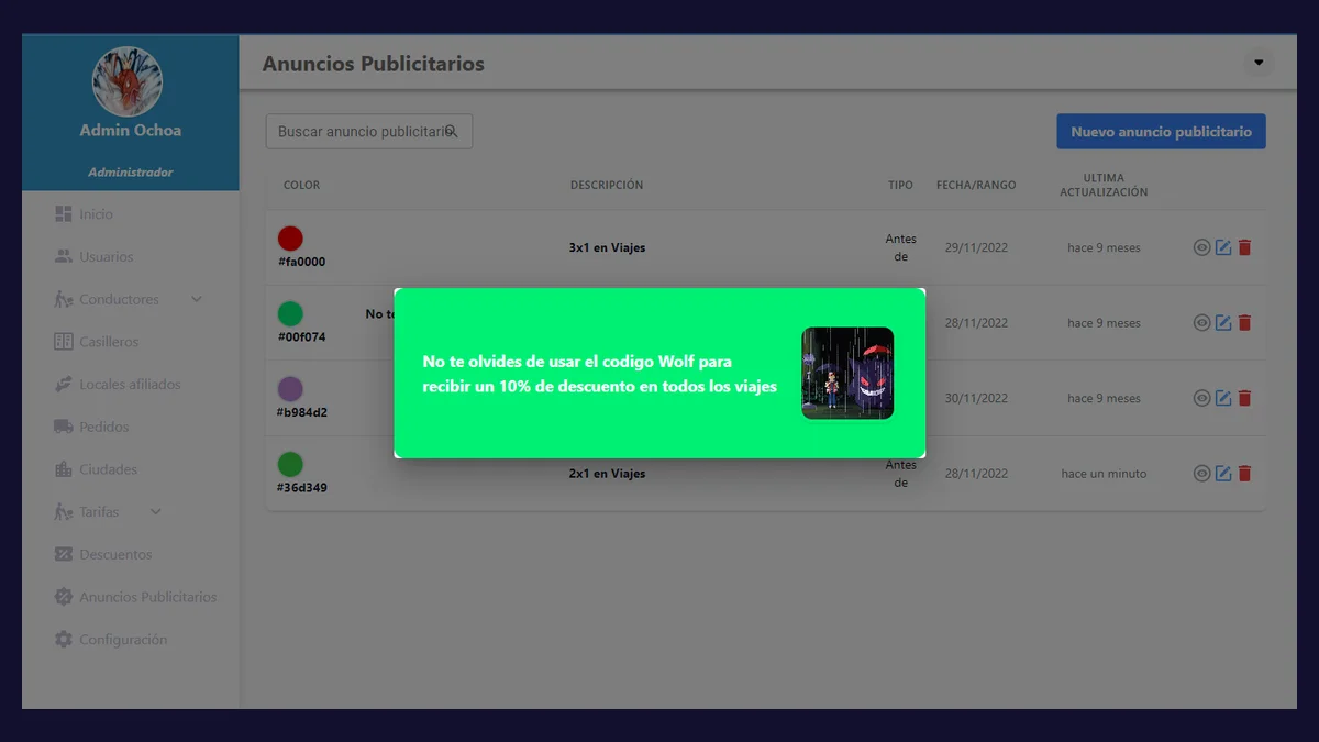 Previsualización de un anuncio publicitario sobre el listado: banner verde con el texto del anuncio y su imagen