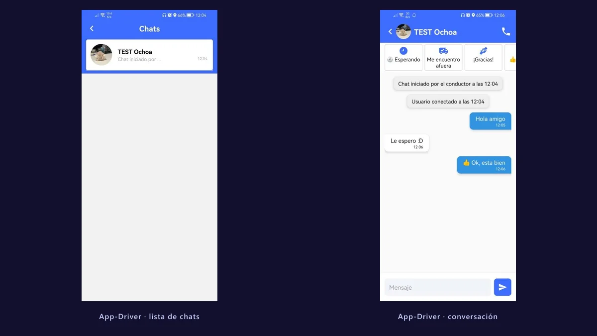 App móvil del conductor en React Native: pantalla de lista de chats y pantalla de conversación con respuestas rápidas, mensajes de sistema y burbujas azules