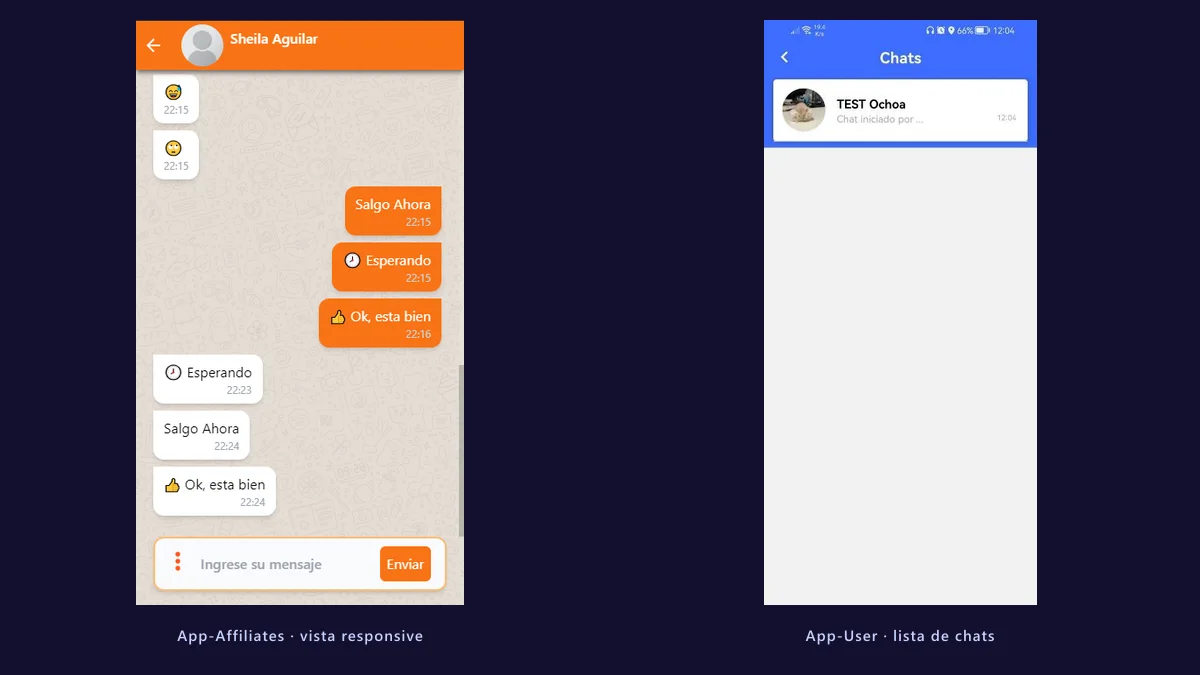 Vista responsive del chat web de locales afiliados a tamaño de teléfono y lista de chats de la app de clientes, que reutiliza los componentes de la app del conductor